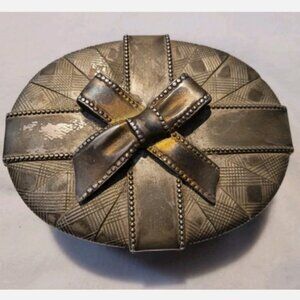 Antique Silvertone Fancy Trinket Jewelry Box Red Velvet Lining Victorian Vintage